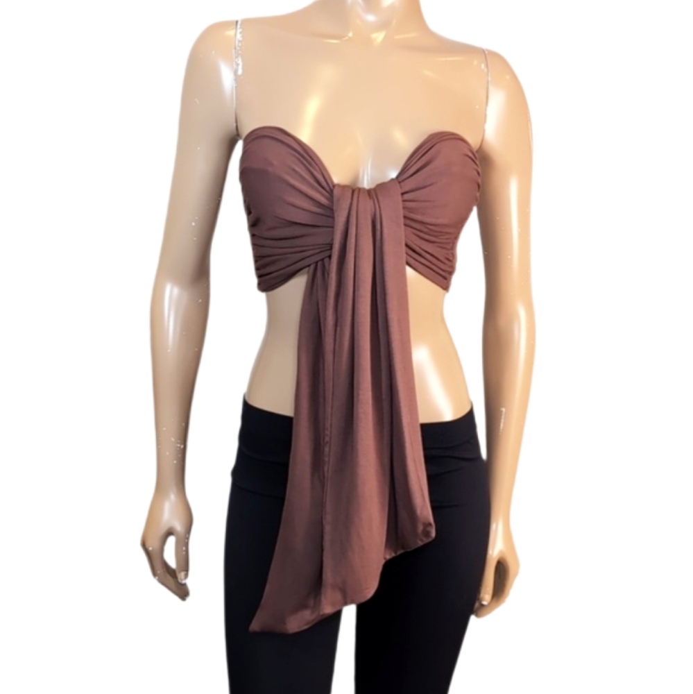 J Lux Label Brown Bandeau Wrap Top Womens Size XL Multi Way Tie Straps Crop